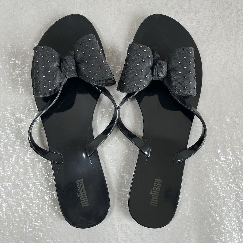 Melissa Women Harmonic Jelly Sandal 8 Black Studded Bow Flip Flop Beach - Picture 6 of 11